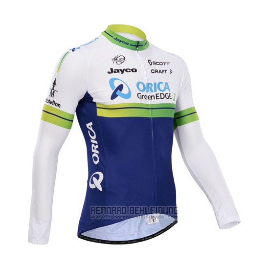 2014 Fahrradbekleidung Orica GreenEDGE Wei und Blau Trikot Langarm und Tragerhose